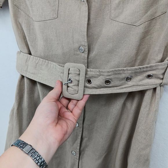 Tahari Linen Explorer Style Button-Up Dress SZ S Belt Pockets Midi Short Sleeve - Picture 8 of 16
